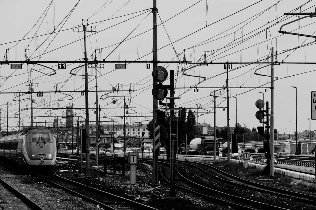 a train yard in black and white